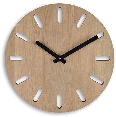 Natuhr Wanduhr Eiche unbehandelt Holz – Commas - Massivholz, geräuscharmes deutsches Uhrwerk, puristisch, modern, 30 cm Durchmesser
