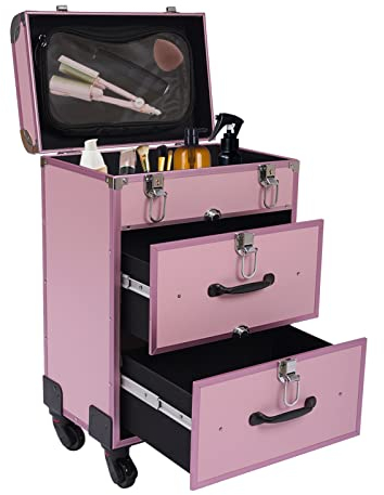 SuhoFutus Koffer Mit Kosmetikkoffer Trolley Groß Kosmetikkoffer, Kosmetikkoffer Rolling Make-up Fall, 3-Schichten, Mit Universal Wheel, Tragfähigkeit bis zu 110.3 kg, Pink