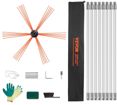 VEVOR 8 m Chimney Sweep Kit, w/ 8Reinforced Nylon Flexible Rods, Ergonomic Chimney Cleaning Brush, 360-Degree Brush Chimney Cleaner, Rich Accessories for Fireplace Flue Home Use Fits most Pipes