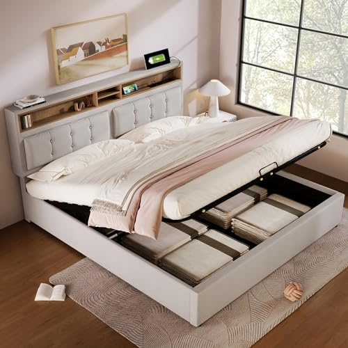 Kehun Polsterbett Doppelbett 140x200, Stauraumbett mit Kopfteil-USB C und Stauraum, Hydraulisches Bett Bettgestell mit Lattenrost aus Holz und Bettkasten, Leinen, Beige, Ohne Matratze