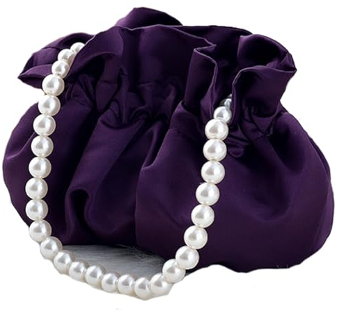 Wisafory Clutch Tasche Damen Satin Handtasche mit Perlen Griff Abendtasche Kleine Eimertasche Brauttasche Kleidertasche Puppentaschen für Frauen Mädchen Hochzeit Party Accessoire Lila