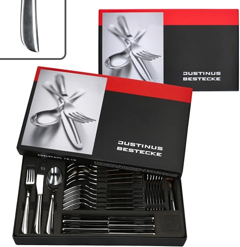 Justinus Twist 60-Piece Complete Cutlery Set for 12 People with Curved Handle Made of Stainless Polished 18/10 Stainless Steel and Blade Steel, Fork, Knife and Spoon, for Hospitality and Home
