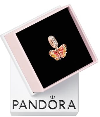 PANDORA Moments Rosafarbener & Gelber Murano-Glas Schmetterling Charm-Anhänger aus Sterling Silber mit rosévergoldeter Metalllegierung, Kompatibel ME und Moments Armbändern, 782698C01
