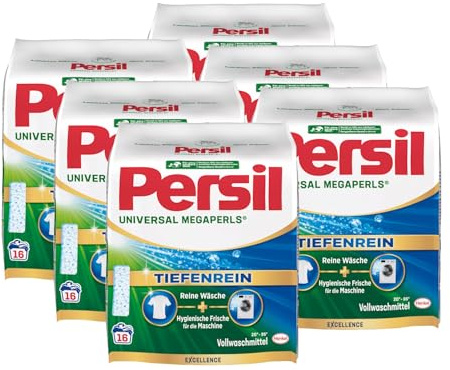 Persil Universal Megaperls 96 tvättladdningar (6 x 16 WL), fulltvättmedel med djupren teknik, rengöringsmedel för ren tvätt och hygienisk friskhet för maskinen, 20 °C till 95 °C
