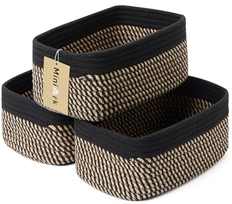 MiniArk Lot de 3 petits paniers de rangement pour organiser | Bacs de rangement de placard | Panier à jouets en corde tissée | Boîte décorative cube | Panier peu profond | 29,2 x 19,1 x 11,9 cm | Noir