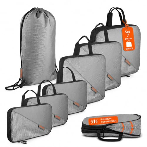 Organizador Maleta - Bolsas Compresión Viaje incluye Bolsa Ropa Sucia Impermeable - Bolsas Organizadoras Maleta - Packing Cubes Travel Essentials - Accesorios viaje Regalo Para Viajeros (Gris)