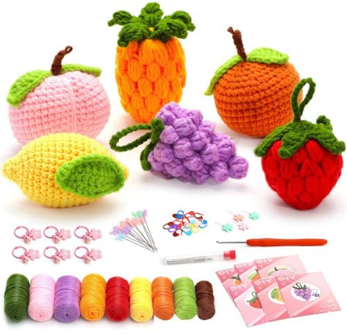 Luwqceu Komplette Häkelsets für Anfänger, DIY 6-Teiliges Obst-Häkelset mit Strickmarkern, Einfaches Garnknäuel, Anleitung, Langlebig, Einfach zu Bedienen