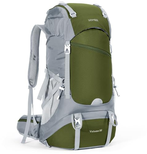 HOMIEE Sac à Dos de Randonnée 50-60L, Sac de Trekking avec Housse de Pluie, Sac à Dos Grande Capacité Multifonction pour Alpinisme Escalade Trekking Sport Voyage Camping