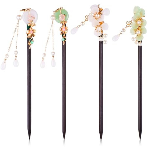 Dimeho Holz Haarstäbchen - 4 Stück Chinesische Vintage Blumen Haarschmuck Retro Haarstäbchen für Damen, Frauen & Mädchen