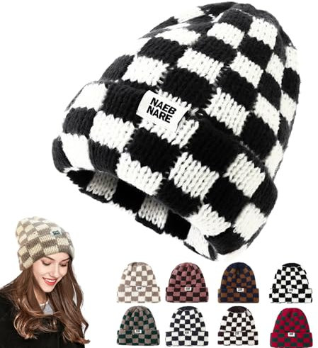 SUNAVY Unisex Mütze Damen Herren Beanie Warm Wintermütze Karierte Mütze Winter Strickmütze Thermo Laufmützen Wintermütze Weich Slouch Kint Hat (DE/NL/SE/PL, Alphanumerisch, Einheitsgröße, M, Schwarz)