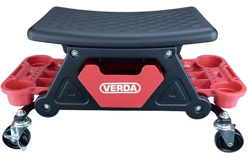 Verda Werkstatthocker mit Rollen höhenverstellbar, 135 kg Tragkraft, Werkstattsitz mit Rollen, Werkstatt, Rollsitz, Schwarz/Rot, Garagenhocker, Robuste Konstruktion, Garagenhocker mit Ablagen