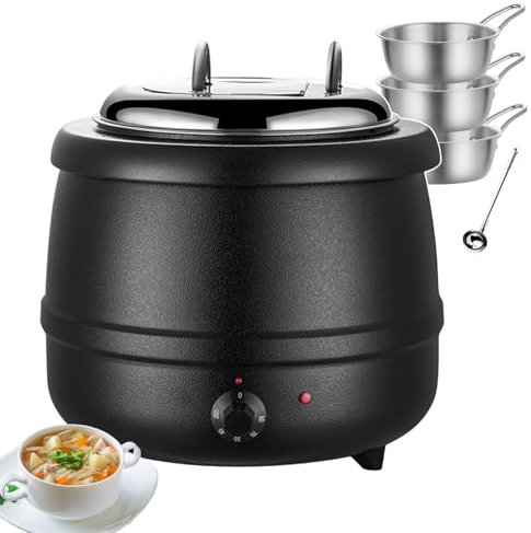 forplubossmmp Hervidor De Sopa Eléctrico De Encimera, Calentador De Sopa, Calentador De Comida Tipo Bufé con Capacidad De 13 L para Mantener Calientes Gachas, con 1 Cuchara Sopera Y 3 Tazones,Black