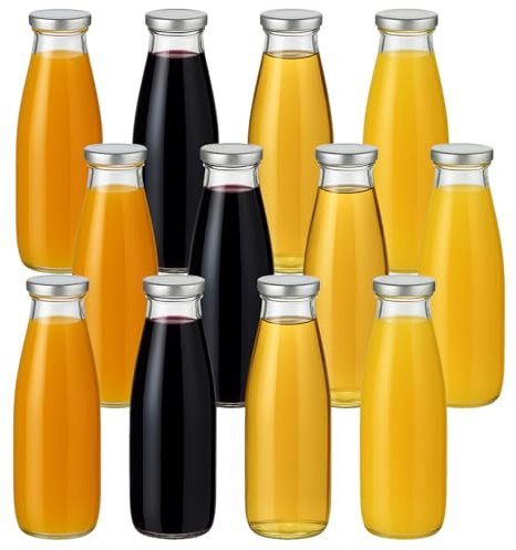 gouveo 12er Set Saftflasche 500 ml mit Schraubverschluss silberfarben - Runde Glasflasche 0,5 l mit Deckel - Leere Flasche zum Befüllen für Küche und Haushalt (CNSF500S)
