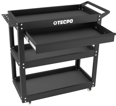 TECPO Werkzeugwagen Rollwagen mit 3 Ladeflächen - inkl. vormontierter Schublade und Antirutschmatten als Schaumeinlage zum Schutz, 300 kg Tragkraft - geeignet als Transportwagen