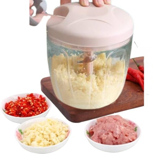 Hachoir multifonction avec cordon - Hachoir manuel tout-en-un pour fruits, légumes, herbes, noix - 5 secondes - 90 ml - 5 lames tranchantes en acier inoxydable - Rose