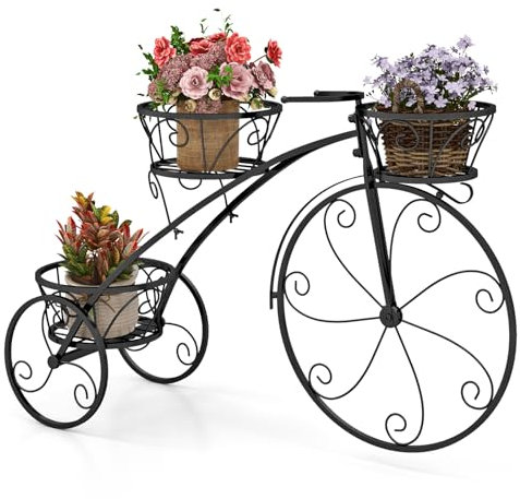 COSTWAY Pflanzenständer Metall, Fahrrad-Design, Blumenregal mit 3 Körben, Blumenständer mit dekorativen Rädern, Blumenrad Pflanzenregal Retro, für Terrasse, Garten, Balkon, Hof (Schwarz)