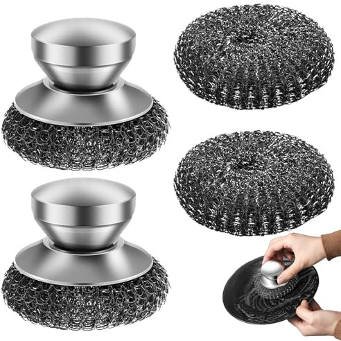 2 pcs Stainless Steel Scourer, with 2 Replacement Wire Pads and Stainless Steel Handle Steel Wool Scrubber for Cleaning Dishes Cast Iron Stock Pots Pans Griddles Grills