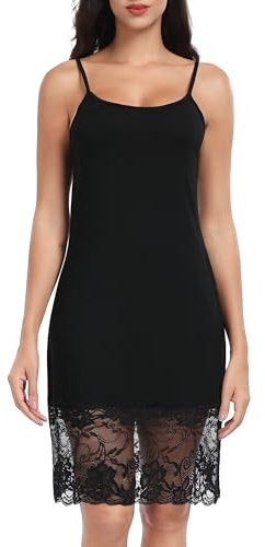 Lovasy Sottovesti da Donna Corto Pizzo Sottoveste con Spalla Sexy Lingerie Sottoveste Gonna Curvy Camicia da Notte Senza Maniche,A-Nero,L