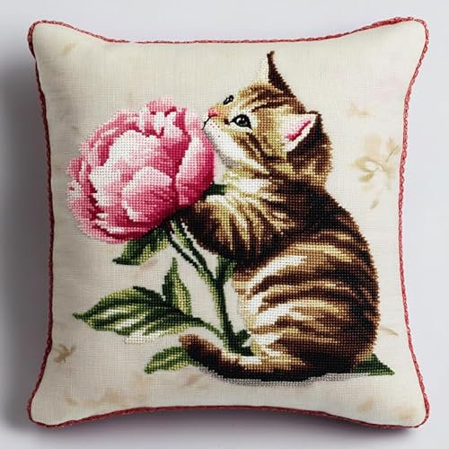 XDEGHUANGSS Latch Hook Kit Komplettset,Knüpfteppich Set mit bedruckter Canvas,43x43 cm,DIY Webrahmen für Erwachsene & Anfänger,Handarbeit Geschenkidee,Katzenpfingstrose