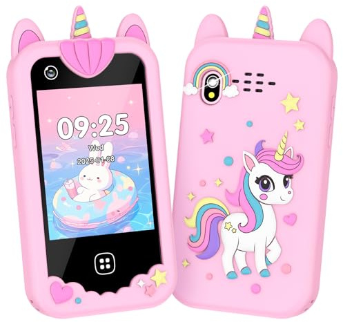 Kids Smart Phone Toys, 4 5 6 7 8 Year Old Boys Girls Christmas Birthday Gifts for Kids, Phones Toys with Dual Camera, Games, Music Touchscreen Toddler Learning Toys, Travel Toy, 8G SD Card Pink