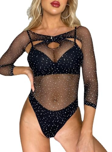 MIZSPISE Sexy Body Damen Fishnet Dessous Ein Ärmel Reizwäsche Transparent Elastisch Party Festival Rave (Schwarz, Einheitsgröße)