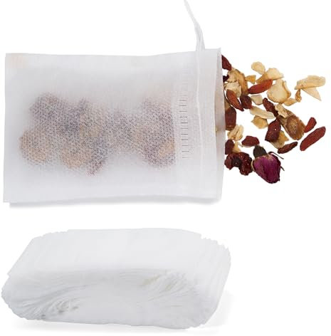 100 Sachets de Thé Jetables en Non-Tissé, Filtres à Thé avec Cordon de Serrage, Sachet de Thé, Infuseurs pour Thé en Vrac, Tisanes et Épices, Blanc