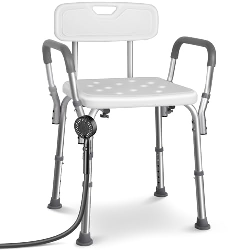 VOUNOT® Silla de Ducha con Respaldo y Reposabrazos Altura Regulable 71-83,5 cm, Asiento de Baño con Patas Antideslizantes, Ayuda para Personas Mayores y Discapacitados, Carga máx. 136 kg, Blanco