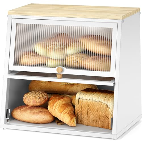 Urackify Large Bread Bin for Kitchen Storage - White Bread Box | Bread Storage Containers | Breadbin with Striped Window, Wood Handle & Removable Layers | Biscuits & Pantry Items