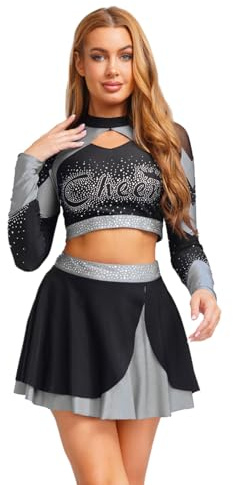 renvena Damen Cheer Leader Kostüm Schulmädchen Uniform Tanz Outfit Set Langarmshirt Kurz Minirock Faltenrock mit Glitzern Mottoparty Tanzkostüm Grau XXL