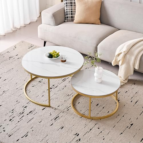 GrandCA HOME Runde Couchtische zum Ineinanderstapeln, 2er-Set, Moderne Wohnzimmertische mit Goldfarbenen Metallrahmen, 60 cm und 80 cm Große Beistelltische aus Weißem Marmor und Sinterstein