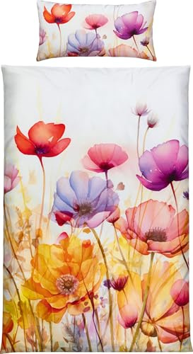 Erwin Müller Mako-Satin Bettwäsche Mohnblume Aquarell-Stil bunt Größe 40x80 cm / 135x200 cm - seidig weiche Qualität, temperaturausgleichend, mit Reißverschluss