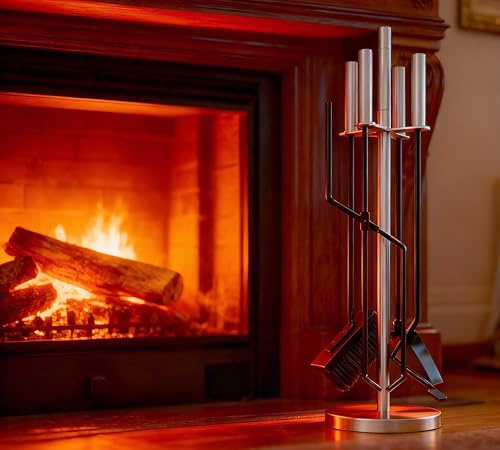 Kingson Set Moderno da 5 Pezzi per Camino – Manici e Supporto in Acciaio Inox – Include Spazzola, Attizzatoio, Pinze, Pala – Utensili in Ferro – Set di Attrezzi per Camino per Bruciatore a Legna
