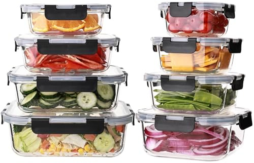 Wells 8-Packs Glass Food Storage Containers with Lids Airtight, Borosilicate Meal Prep Container for Lunch, Pantry Organizers and Storage, Glass Lunch Boxes for Freezer to Oven Safe, Leak Proof，