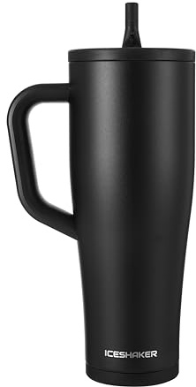 Ice Shaker 40 oz Tumbler with Handle and Straw | 40oz Black | Cold for 30+ Hours | 2-in-1 Tumbler Shaker Bottle | Odor-Free 40 ounce Bottle for Water, Protein Shakes, Smoothies, Cocktails