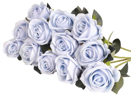 Eclove 12 Pcs Rose Artificiali, Realistiche Singola a Gambo, Fiori Artificiali Finto 30cm Lungo Rosa Finta, Bouquet da Sposa in Seta per Decorazioni in Casa per Giardino Feste Ufficio (Azzurro)