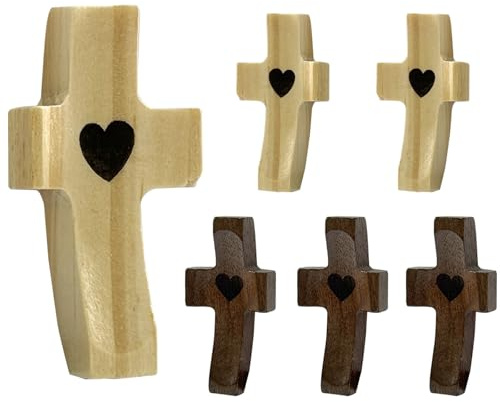 ZhongShuang 6 Stück Geschnitzte Holzkreuz Mit Herzen, Klein Holzkreuz,Handschmeichler Kreuz Aus Naturholz, Handgeschnitztes Liebeskreuz Aus Holz Mit Herzen Für Andachtsgebete Taufe Kommunion