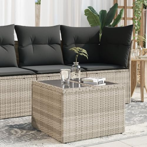 HaoChrymec Gartentisch mit Glasplatte, PE-Rattan, Robuster Stahlrahmen, Balkon Tisch, Beistelltisch Outdoor, Loungetisch Garten, Wetterfest, Hellgrau, 55 x 55 x 37 cm