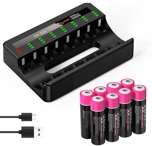 BOANV Rechargeable AA Batteries with Charger,8PCS 2800mAh High Capacity AA Batteries with 8 Bay LED Lights AA AAA Battery Charger for Ni-MH Ni-CD, USB Fast Charging