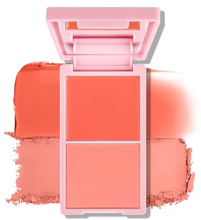 KYDA 2 Colors Cream and Powder Blush Duo, Two Tone Pigmented Buildable Pressed Powder, Rosy Natural Cheeks Matte Finish, for All Skin Color, 01