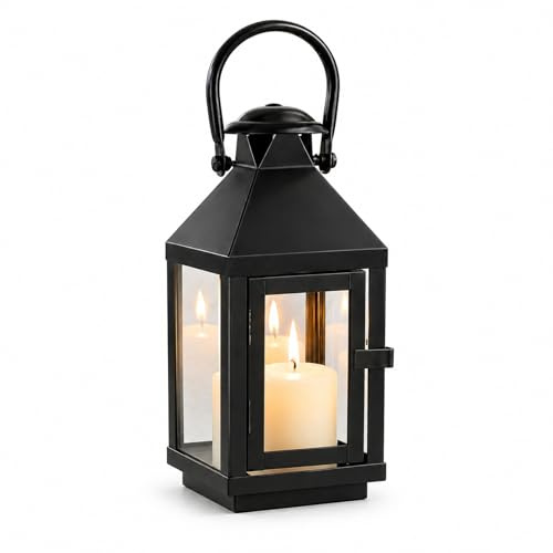 Laterne Schwarz, Metall Kerzenlaterne Outdoor 22cm, Grablaterne Friedhof Wetterfest, Gartenlaterne Metall Kerzenhalter Glaslaterne Deko für Outdoor Wänden Wohnzimmern Tischen Balkon Bars Veranden
