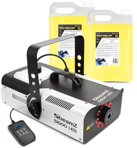 BeamZ S1500LED Nebelmaschine mit Flüssigkeit Set, 1500 Watt Rauchmaschine mit LED Lichteffekt, Fogger inkl. 10 Liter Nebelfluid, Fog Machine mit Fernbedienung, Timer, Intervall, DMX, 3,5 L Tank