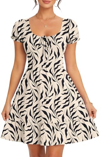 AUSELILY Women Summer Dress Puff Sleeves Ladies Dress Casual with Pocket | Dresses for Women Elastic Waist Minidress Casual Knee-Length Short Elegant Printed Lightweight Stretchable U-Neck Dresses