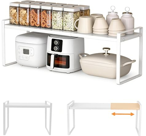 Houkiper Ausziehbares Küchenregal 35–65 cm aus Carbonstahl, Weiß | 35–65 cm flexibel, Stauraum verdoppeln, Robuster Carbonstahl, Ohne Werkzeug, Vielseitig einsetzbar, Leicht zu reinigen