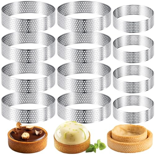 Richunie 12 Pièces Cercle à Pâtisserie, Ø6cm Ø8cm Cercle à Tarte Perforé en 430 Acier Inoxydable, Moule à Tartes Pâtisseries Mini Gâteaux Mini Pizzas