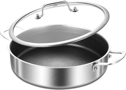 Nontoxicook 30cm 5.7L Ceramic Non-Stick Saute Pan with Lid | Non-Toxic Heavy-Duty Tri-Ply Stainless Steel Deep Frying Pan, Oven Safe and Suitable for All Hobs Including Induction