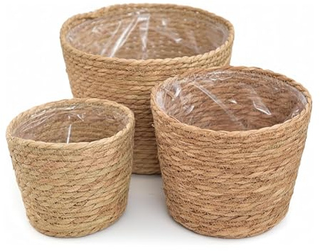 Taicols 3 Stück Blumenübertopf Geflochten, Korbtopf aus Seegras mit Einsatz, 3 Größen, Handgewebte Blumentopf Pflanzkorb, Korb Pflanzkörbe, Stroh Pflanzgefäß, Blumentöpfe Korbgefäß für Innen & Außen