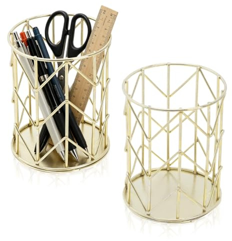 Hapivida Goldmetall Stifthalter für Schreibtisch, Stilvoller Metall Make up Pinsel Becher Draht Mesh Bleistifthalter Organizer für Office Home (Gold*2)