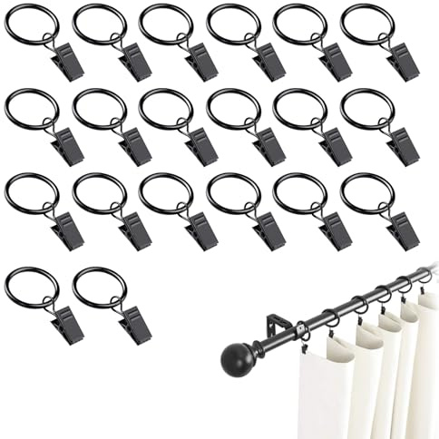 NUOM 20 Anillos para Cortina con Pinzas, Anillos Metálicos Negros de 32 mm de Diámetro Interior, Abiertos para Barra de Cortina y Cortina de Ducha, para Salón, Dormitorio, Baño y Cocina