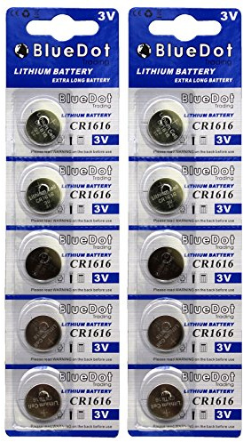 BlueDot Trading Long-Lasting & High Capacity 3V CR1616 Battery Lithium Coin Cell Batteries for Car Remote, Key Fob, and More (Packaging May Vary), 10 Count