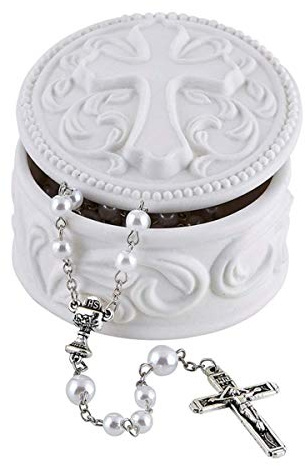 White Porcelain Cross Rosary Jewelry Box, 2 3/4 Inch
